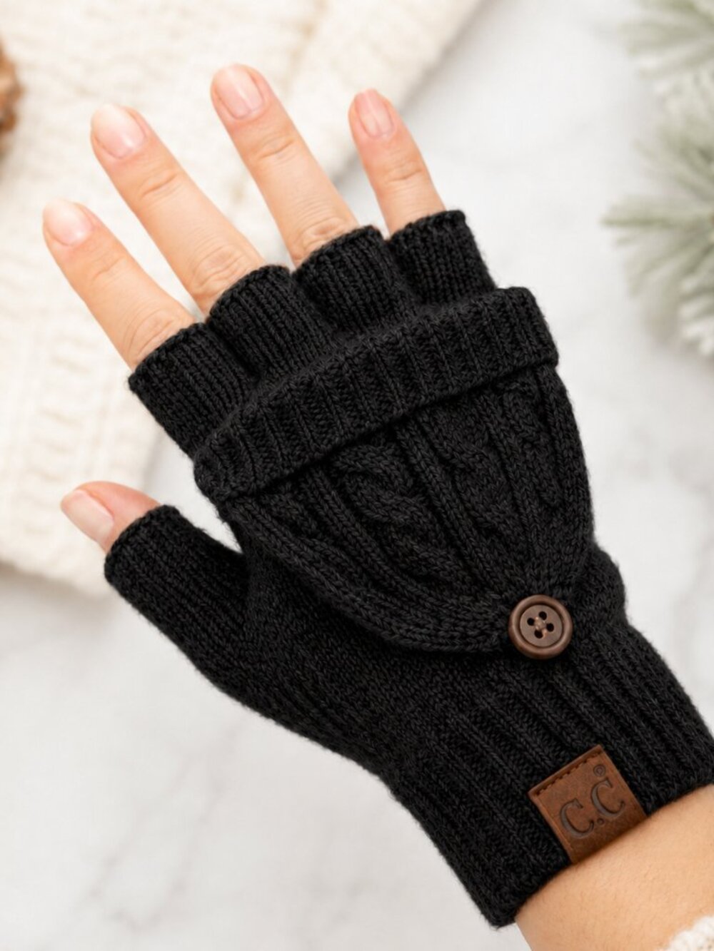 C.C Black Cable Knit Convertible Fingerless Gloves Mittens NWT